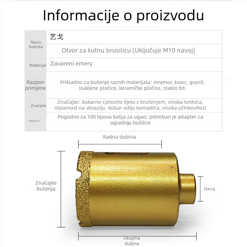 Majestic Bušilica za rupe na keramičkim pločicama za suho bušenje, pogodna za mramor, granit i kamene ploče