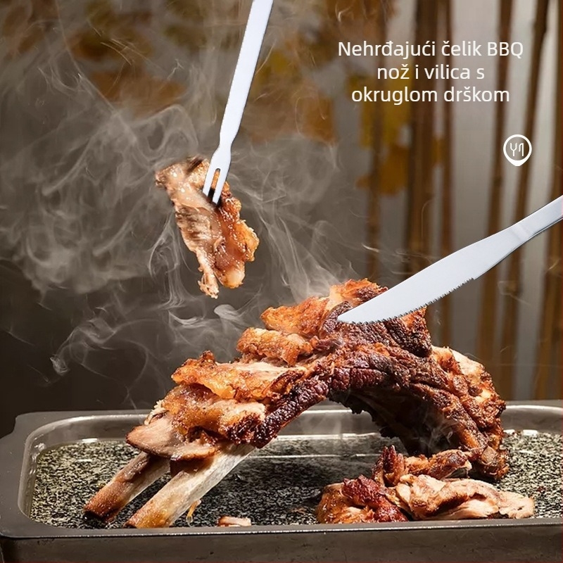Barbecue nož i vilica s okruglom ručkom, produžena i debela oštrica, nehrđajući čelik, integrirani alat za roštilj