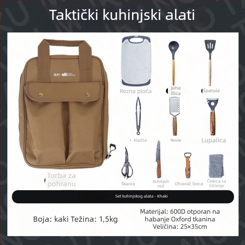 Tuosun prijenosni set za kuhanje na otvorenom od nehrđajućeg čelika s torbom, 10-dijelni; uključuje nož, dasku za rezanje, lopaticu, žlicu, škare i hvataljke za roštilj; težina 1,2 kg; pogodno za 2-8 osoba