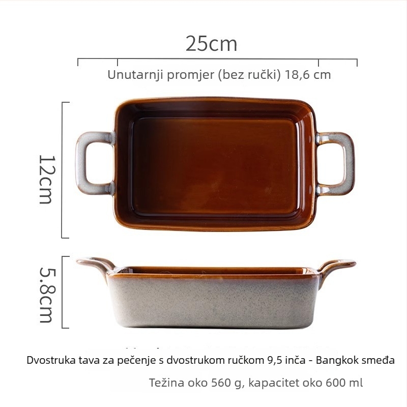 Keramička tava za pečenje s dvostrukim ručkama, retro stil, nepravilnog oblika, pogodna za pećnicu i mikrovalnu