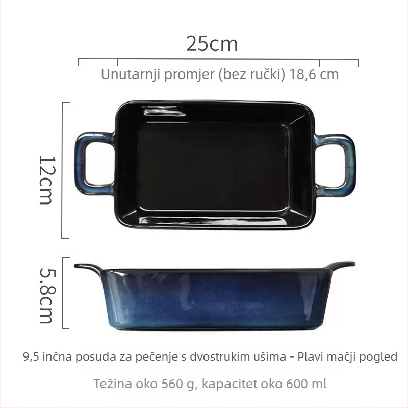 Keramička tava za pečenje s dvostrukim ručkama, retro stil, nepravilnog oblika, pogodna za pećnicu i mikrovalnu