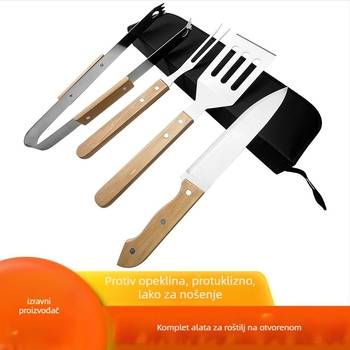 Set alata za roštilj na otvorenom s nehrđajućim čelikom i drvenim držašima od bukovine - nož, klešta, vilica, lopatica
