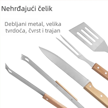 Set alata za roštilj na otvorenom s nehrđajućim čelikom i drvenim držašima od bukovine - nož, klešta, vilica, lopatica