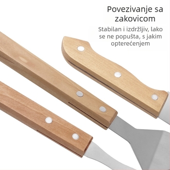 Set alata za roštilj na otvorenom s nehrđajućim čelikom i drvenim držašima od bukovine - nož, klešta, vilica, lopatica