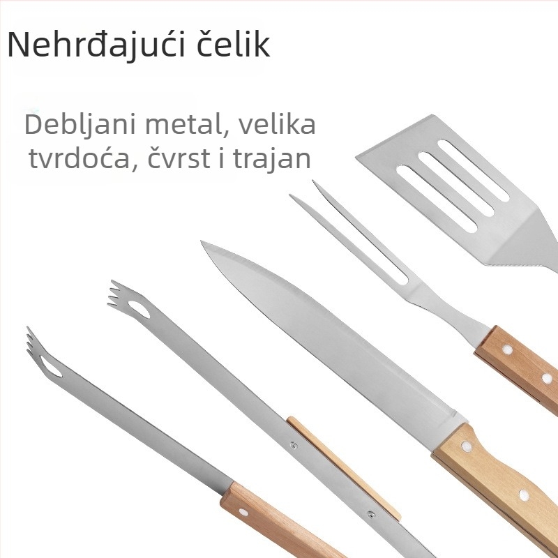 Set alata za roštilj na otvorenom s nehrđajućim čelikom i drvenim držašima od bukovine - nož, klešta, vilica, lopatica