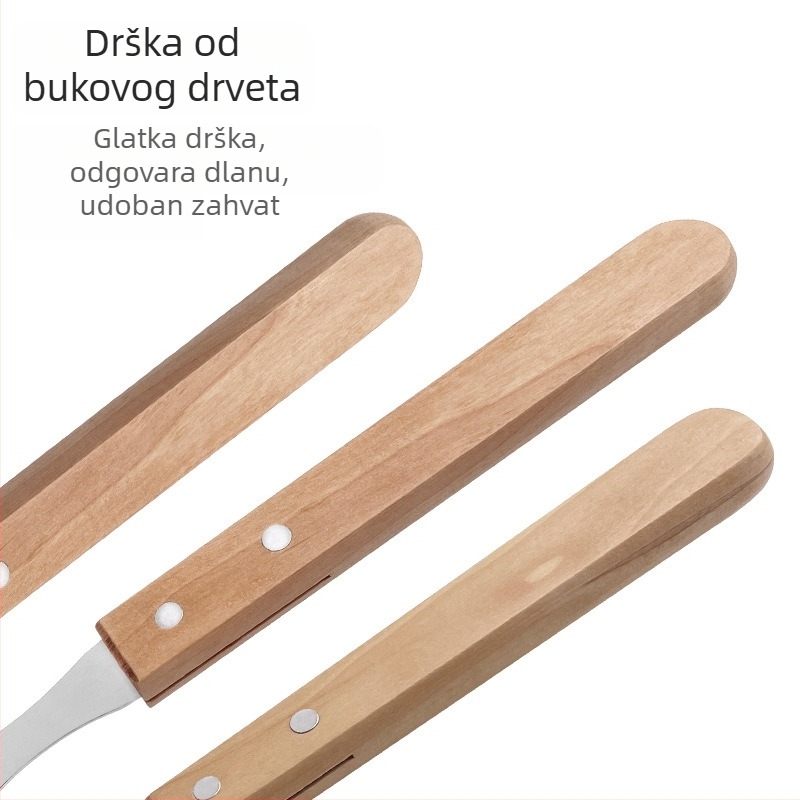 Set alata za roštilj na otvorenom s nehrđajućim čelikom i drvenim držašima od bukovine - nož, klešta, vilica, lopatica