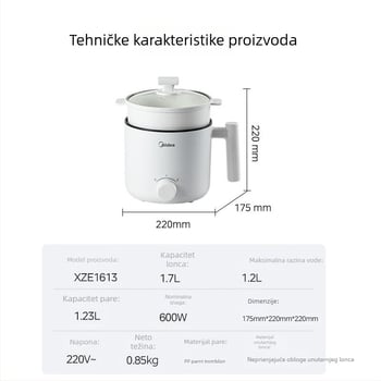 Midea električno kuhalo s nepriľnim unutarnjim posudom, kapacitet do 2 L, za 2–3 osobe, upravljanje gumbom, model XZE1613