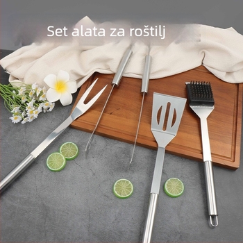 Nerđajući čelik BBQ set alata, 4 dijela: klip, četka, vilica, lopata; prijenosno za vanjsku upotrebu