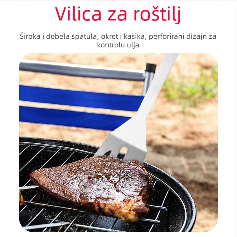 Nerđajući čelik BBQ set alata, 4 dijela: klip, četka, vilica, lopata; prijenosno za vanjsku upotrebu