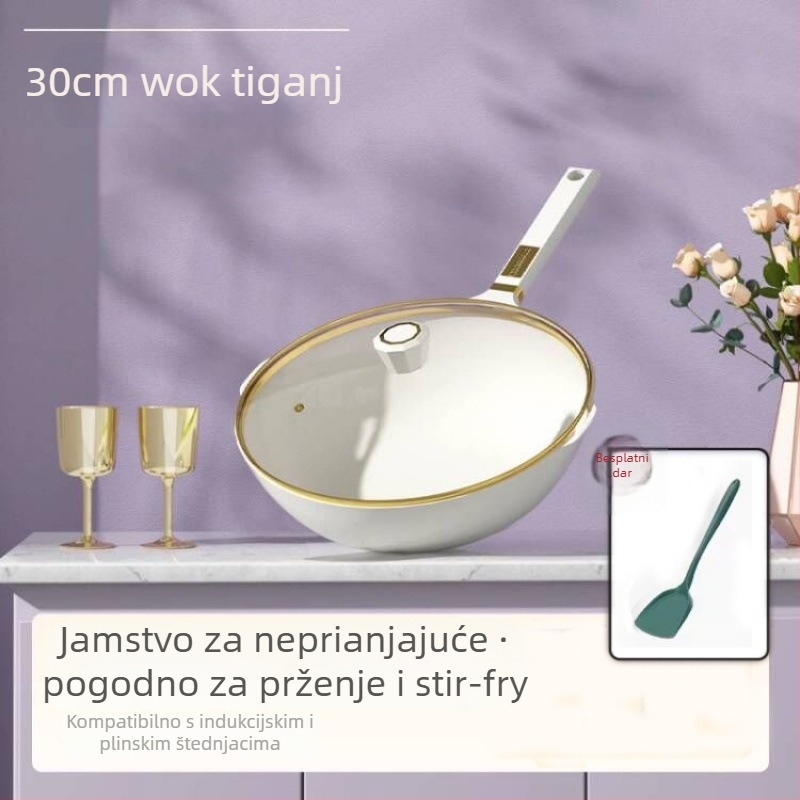Wok s keramičkom neprijanjajućom površinom, tijelo i dno od aluminijske legure, staklena poklopac, model Jq-61, pogodna za plinske i indukcijske ploče