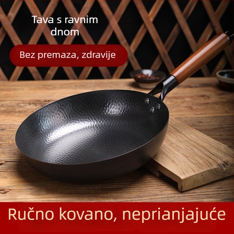 Tiganj od finog željeza, japanskog stila, bez premaza, s drvenim poklopcem, s jednim dnom, dubina 6,8 cm