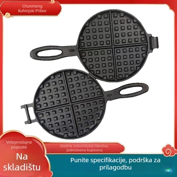 Lijevana debela tava za vafle, bez premazivanja, okruglog oblika, poklopac od lijevanog željeza