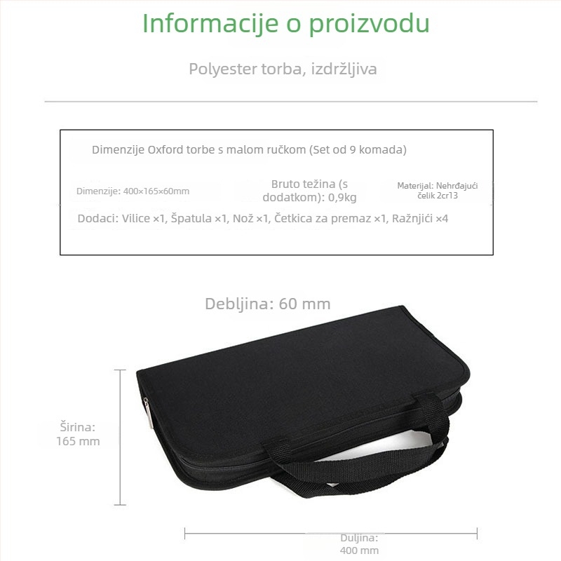 BBQ alatni set u torbi, 9 komada, nehrđajući čelik; uključuje nož, vilicu, znak i lopaticu