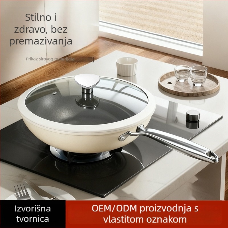 Titanijski neprijanjajući wok s ravnim dnom, kompatibilan s indukcijskim i plinskim pločama, duboki konkavni dizajn, dno od lijevanog željeza, stakleni poklopac