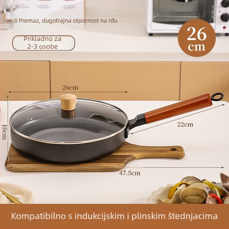 Tiganj za prženje od finog željeza, s neprijanjajućim premazom, kompatibilan s plinskim i indukcijskim pločama, s jednopodnim dnom i staklenim poklopcem
