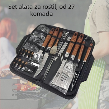 Set alata za roštilj od nehrđajućeg čelika, višenamjenski, s nožem, četkom, vilicom i lopaticom, u platnatoj torbi