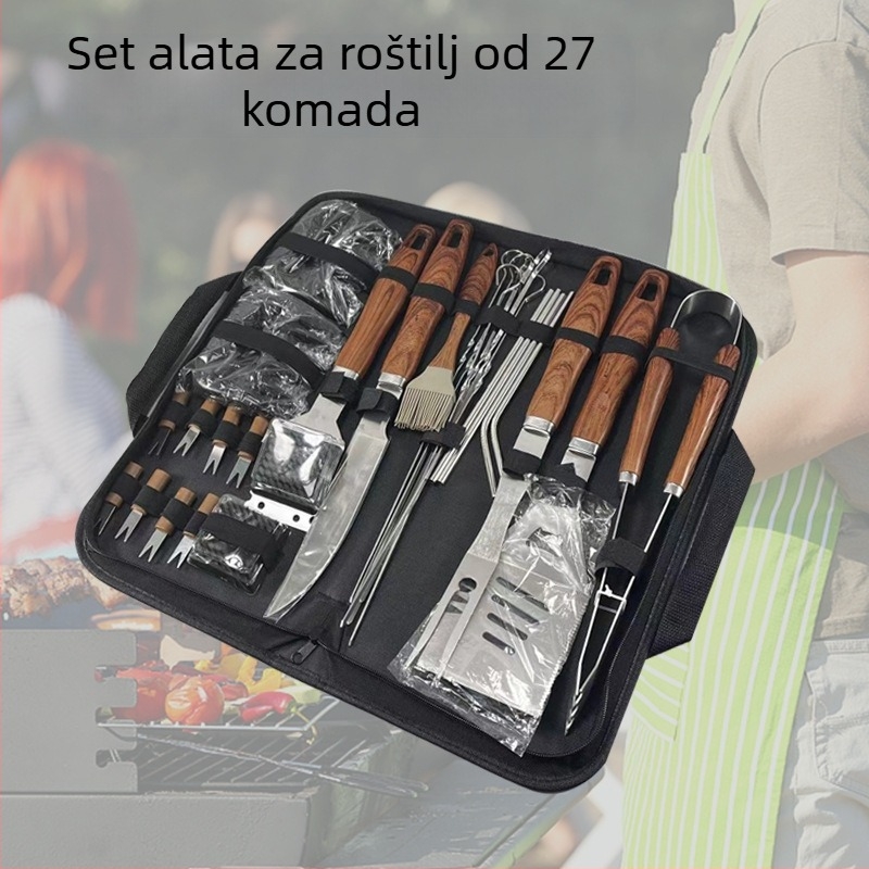 Set alata za roštilj od nehrđajućeg čelika, višenamjenski, s nožem, četkom, vilicom i lopaticom, u platnatoj torbi