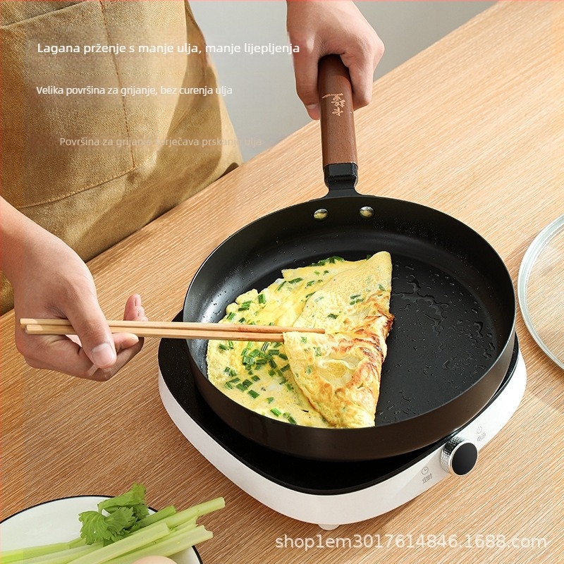 Wok od finog željeza, japanskog stila, neprijanjajući, dubina 5 cm, stakleni poklopac