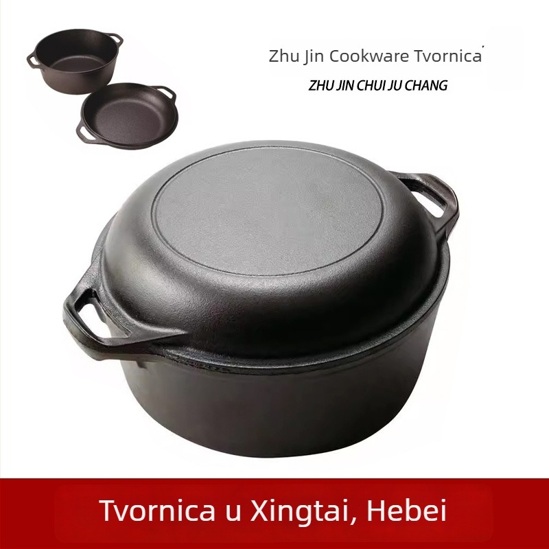 Liveni dvostruko namijenjeni lonac od lijevanog željeza bez premaza, s dvije ručke, lonac za juhu s poklopcem od lijevanog željeza, zadržava toplinu, kompatibilan sa svim pločama