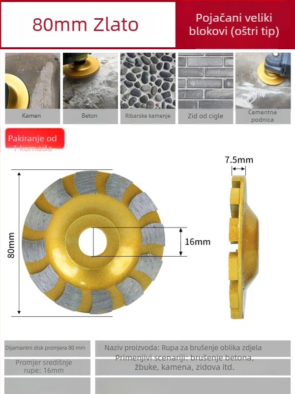 Diamantski disk za kutnu brusilicu – obrada kamena, vezivo od metalne legure, sinteriranje, težina 0,5 kg