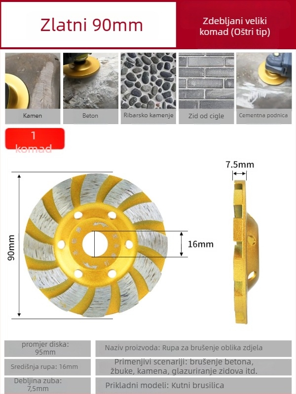 Diamantski disk za kutnu brusilicu – obrada kamena, vezivo od metalne legure, sinteriranje, težina 0,5 kg
