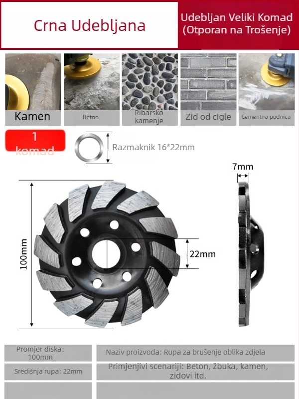 Diamantski disk za kutnu brusilicu – obrada kamena, vezivo od metalne legure, sinteriranje, težina 0,5 kg
