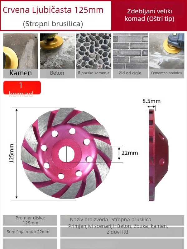 Diamantski disk za kutnu brusilicu – obrada kamena, vezivo od metalne legure, sinteriranje, težina 0,5 kg
