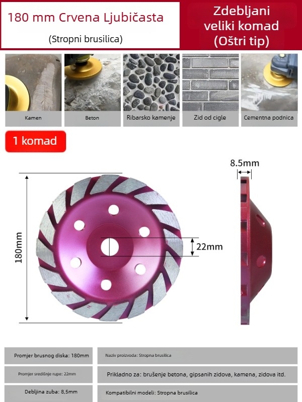 Diamantski disk za kutnu brusilicu – obrada kamena, vezivo od metalne legure, sinteriranje, težina 0,5 kg