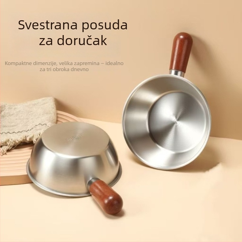 Nehrđajući čelični lonac s drškom od orahovog drveta, bez poklopca, s jednim dnom, pogodan za sve vrste štednjaka