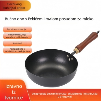 Wok od finog željeza, otporan na hrđu, dno od kovanog željeza, dubina 9 cm, pogodan za opće plinsko kuhalo