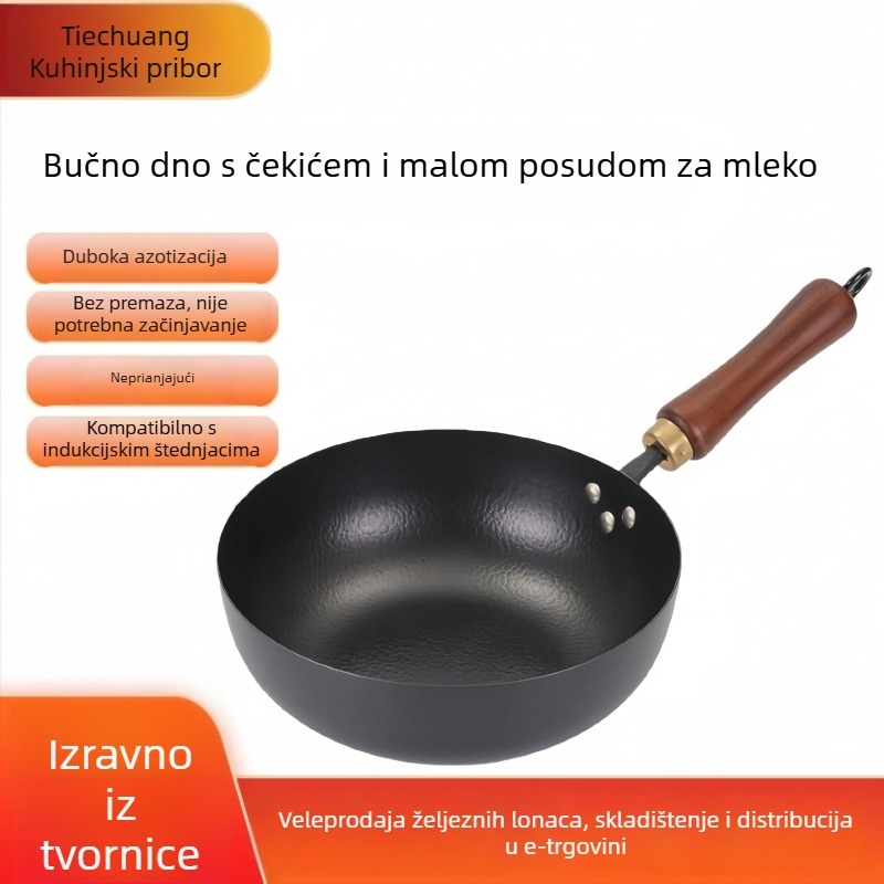 Wok od finog željeza, otporan na hrđu, dno od kovanog željeza, dubina 9 cm, pogodan za opće plinsko kuhalo