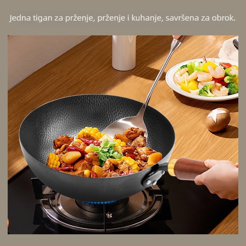 Wok od finog željeza, otporan na hrđu, dno od kovanog željeza, dubina 9 cm, pogodan za opće plinsko kuhalo