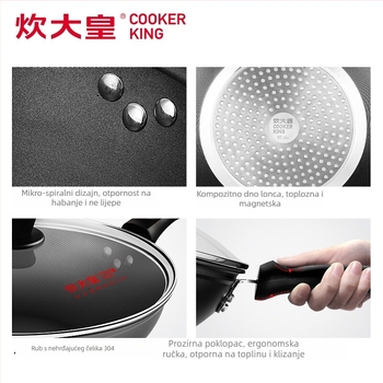 Cooker King wok od aluminijske legure, neprijanjajuća, s staklenim poklopcem, bez dima, pogodan za plin i indukciju