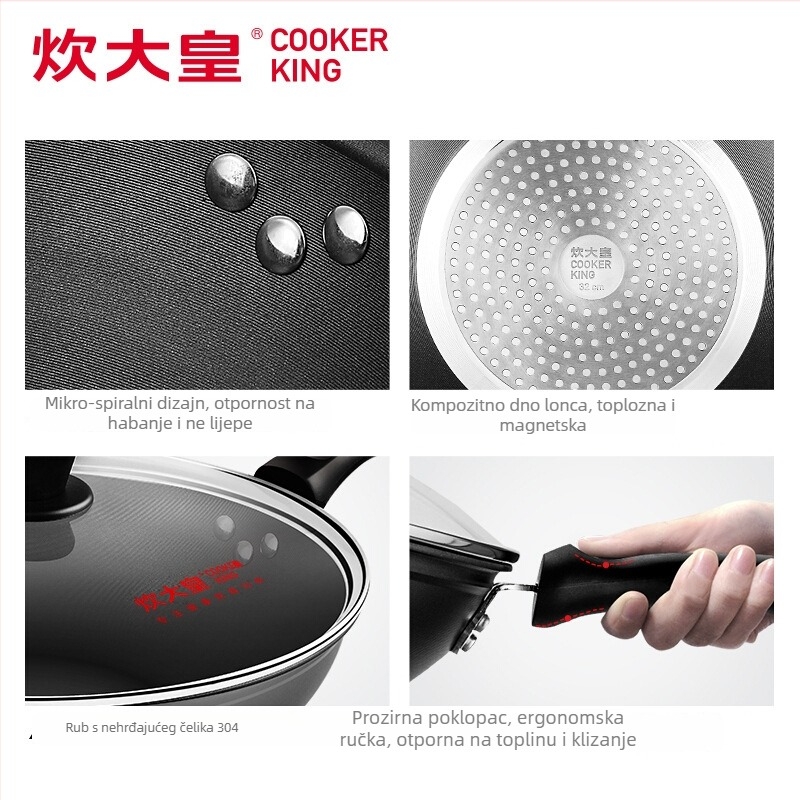 Cooker King wok od aluminijske legure, neprijanjajuća, s staklenim poklopcem, bez dima, pogodan za plin i indukciju