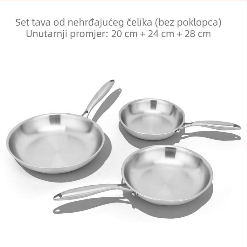 Set tava od nehrđajućeg čelika 304, bez premazivanja, s staklenim poklopcem, promjer 24 cm, dno s trostrukim slojem