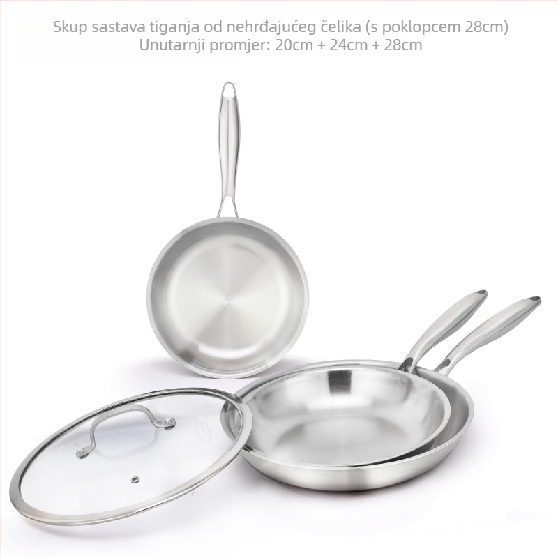 Set tava od nehrđajućeg čelika 304, bez premazivanja, s staklenim poklopcem, promjer 24 cm, dno s trostrukim slojem