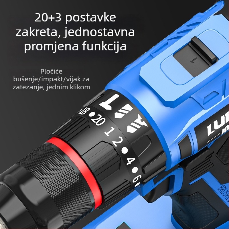 Luban bežični bez četkica udarni bušilica i odvijač, mini, dvije brzine, držač pištolje, trozubni čeljustni čahur, litij‑ion baterija