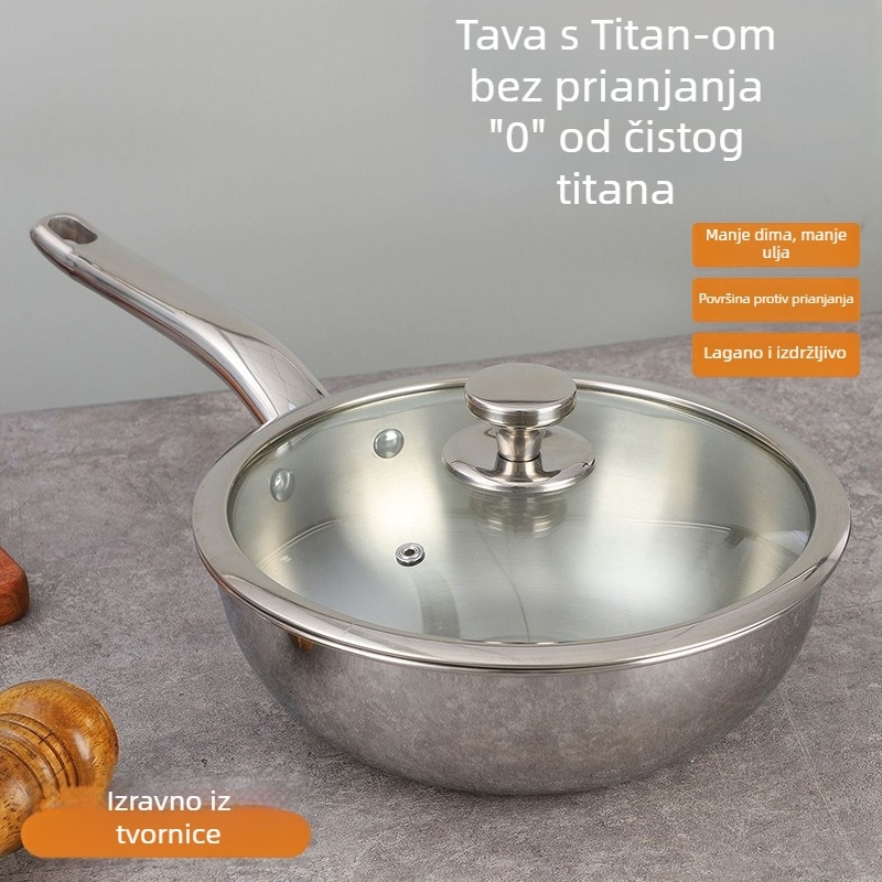 Titanijski wok s trostrukim dnom, staklenim poklopcem, kompatibilan s plinskim i indukcijskim pločama