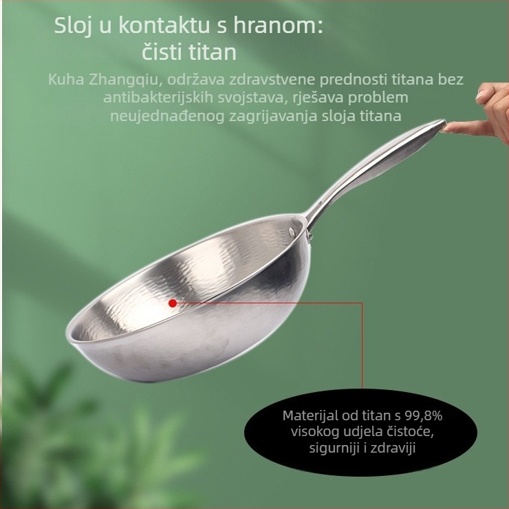 Wok od čistog titana, ručno kovan, bez premaza, višeslojno dno