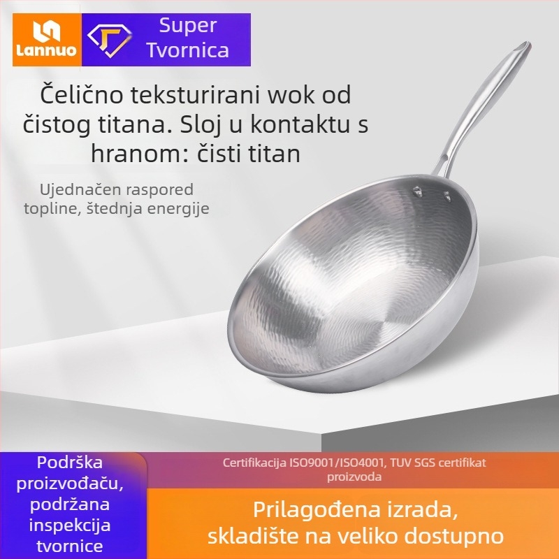 Wok od čistog titana, ručno kovan, bez premaza, višeslojno dno