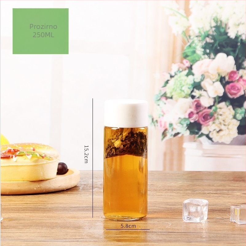 Fumao staklena boca za piće, cilindričnog oblika, prozirno tijelo, mogućnost otiska logotipa, pogodna za hladne čaje, milkshake i kavu