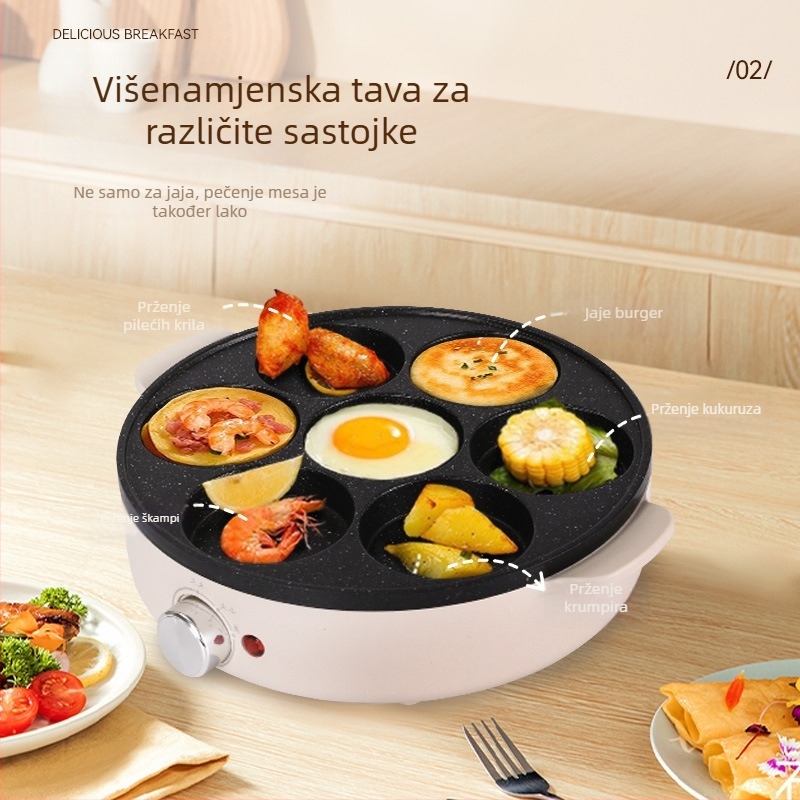 Tiganj za omletu sa sedam rupa, medicinski kamen, non-stick, električni, staklena poklopac