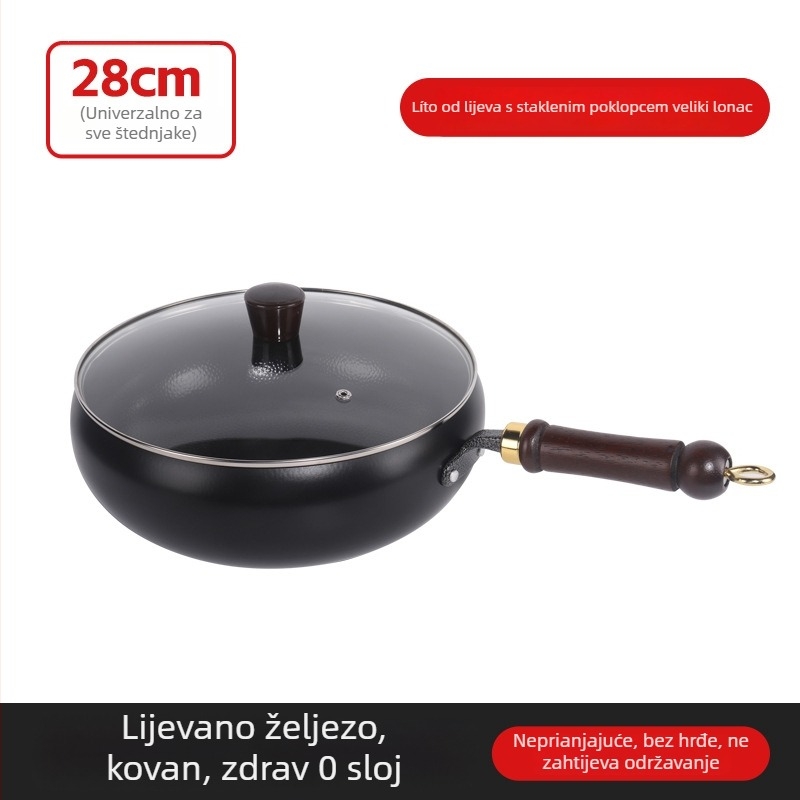 Wok od lijevanog željeza s uzorkom čekića, bez premaza, stakleni poklopac, dubina 10 cm
