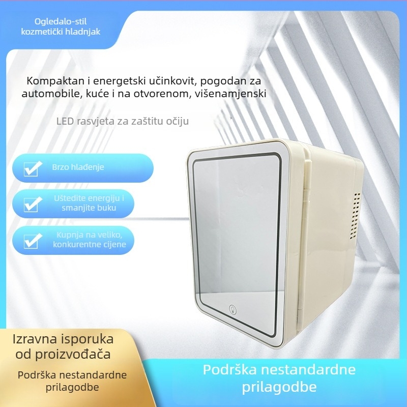 Mini hladnjak sa ogledalom za šminku i LED svjetlom, automobilni hladnjak s funkcijama toplog i hladnog režima, 5L kapacitet, napajanje 12V/220V, snaga 24-36W, hlađenje do 10-15°C ispod okolne temperature, grijanje do 65°C