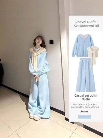 Plavi ženski trodijelni komplet s dugim rukavima, puloverom i šalom, opušteni sportski stil