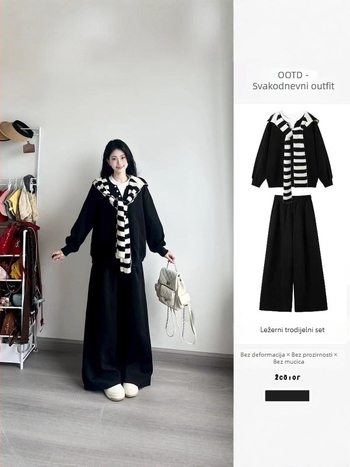 Plavi ženski trodijelni komplet s dugim rukavima, puloverom i šalom, opušteni sportski stil