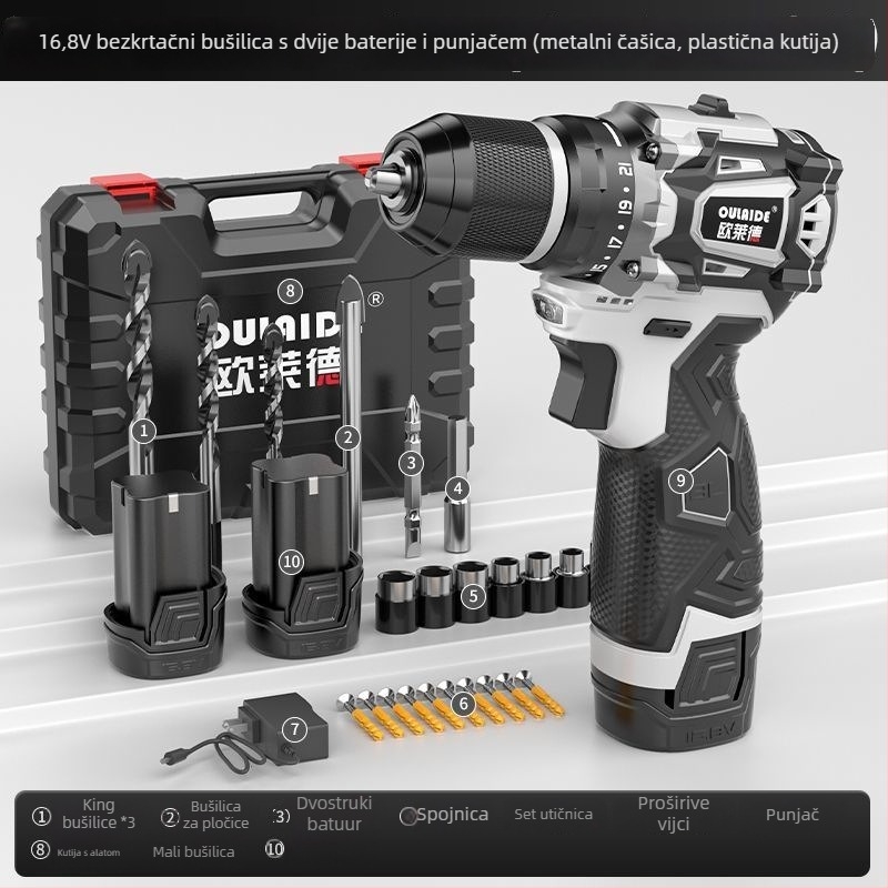 Bez četkasti ručna bušilica s visokim učinkom, dvostrukim napajanjem (punjenje ili priključak na struju), punjiva Li-ion baterija i višenamjenski električni odvijač