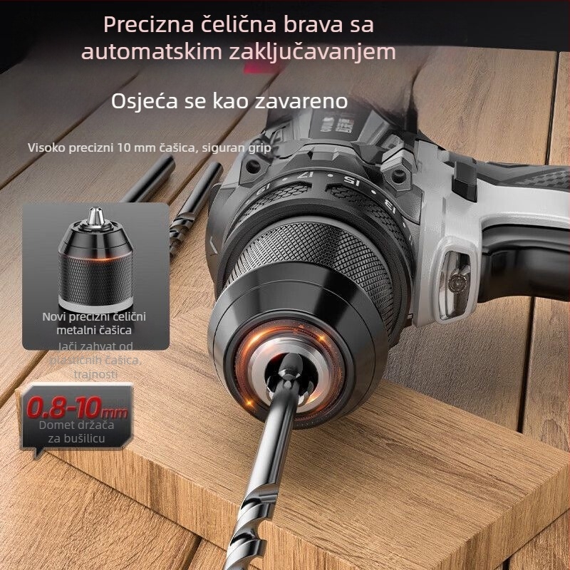 Bez četkasti ručna bušilica s visokim učinkom, dvostrukim napajanjem (punjenje ili priključak na struju), punjiva Li-ion baterija i višenamjenski električni odvijač