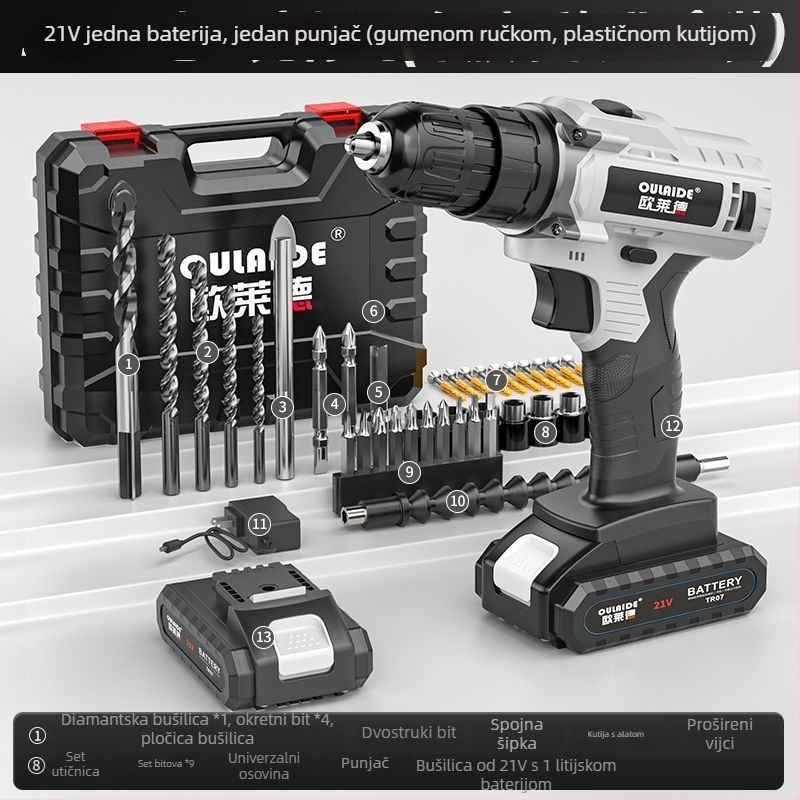 Bez četkasti ručna bušilica s visokim učinkom, dvostrukim napajanjem (punjenje ili priključak na struju), punjiva Li-ion baterija i višenamjenski električni odvijač