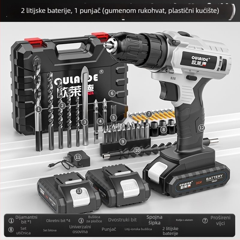 Bez četkasti ručna bušilica s visokim učinkom, dvostrukim napajanjem (punjenje ili priključak na struju), punjiva Li-ion baterija i višenamjenski električni odvijač